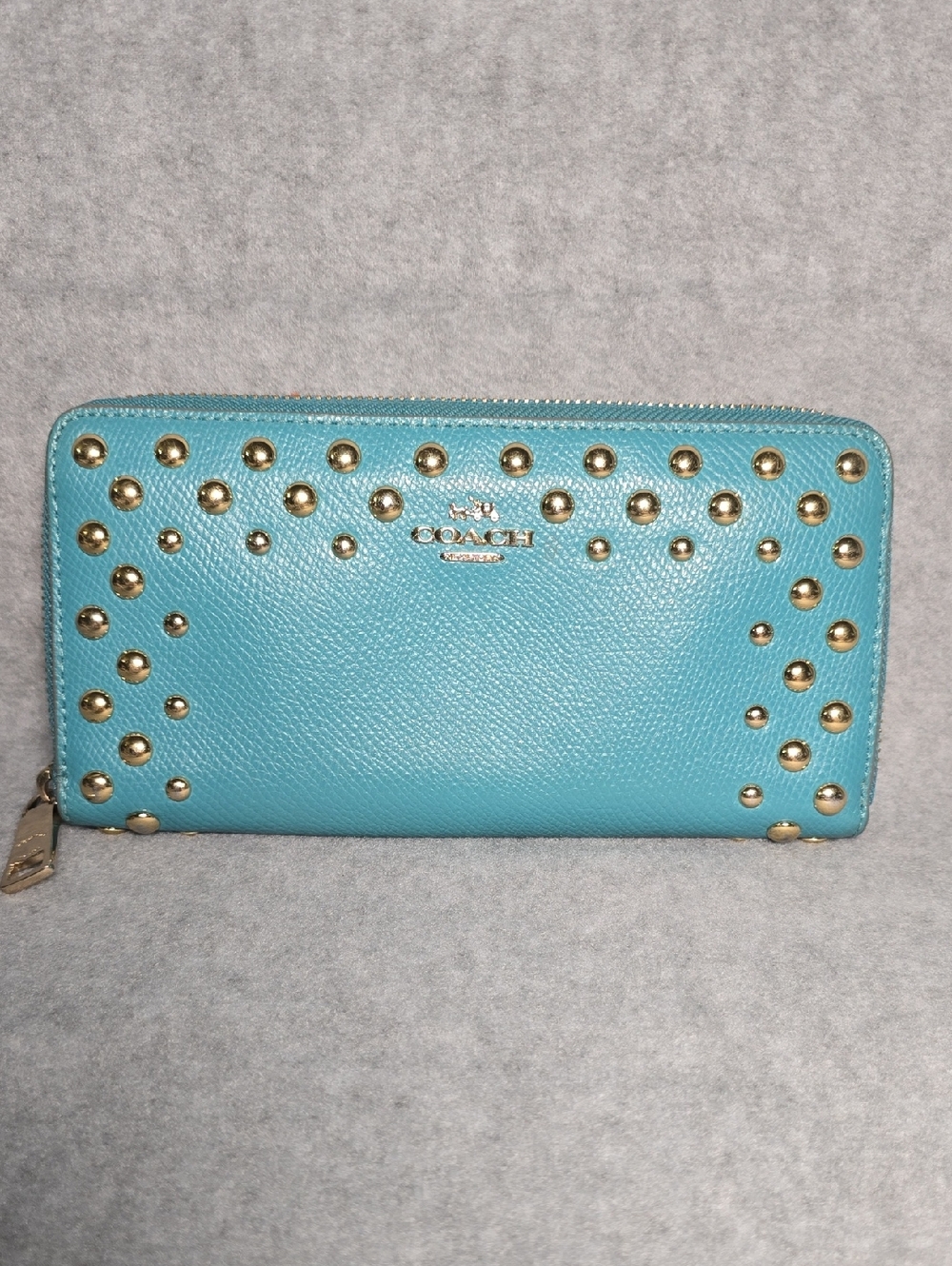 Coach Accordion Zip Wallet Cadet Blue with Gold Studs